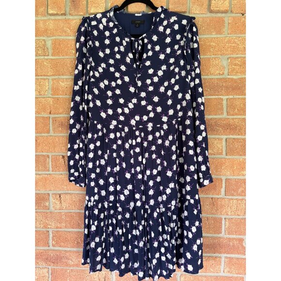 J. Crew Navy Blue Floral Print Long Sleeve Tiered Mini Dress - Picture 3 of 16